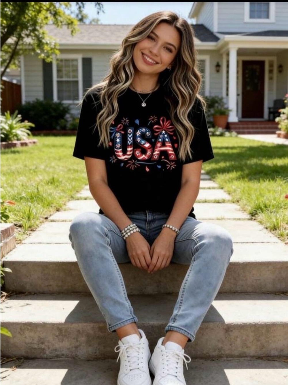 USA Patriotic Graphic Tee Black Fourth of July Fireworks Shirt American Casual - Picture 3 of 6